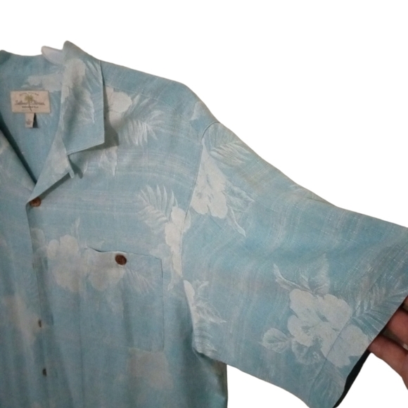 Island Shores Silk 100% Washable Blue/White Hawaiian Style Roomy Button Down L - Picture 3 of 9